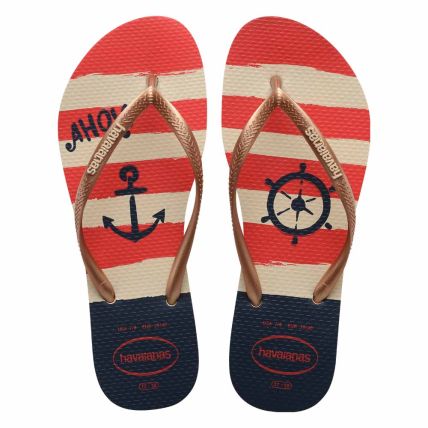 Chinelo Feminino Havaianas Slim Nautical   - Bege Palha/rose Gold (8430) - Atacado